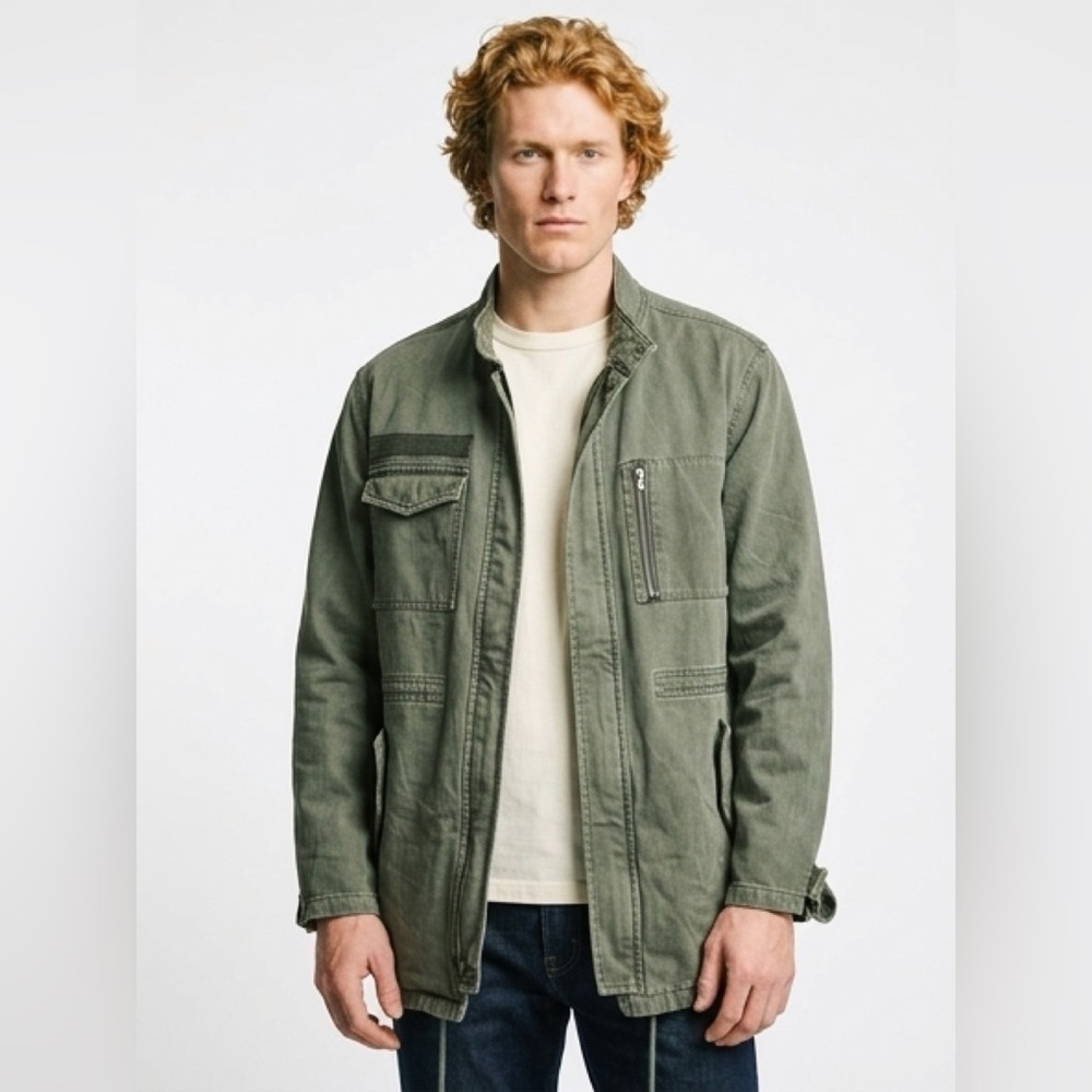 Green Utility Jacket Mens XL Pockets Full Zip Outdoor Barn Farm Military Style - Picture 3 of 15